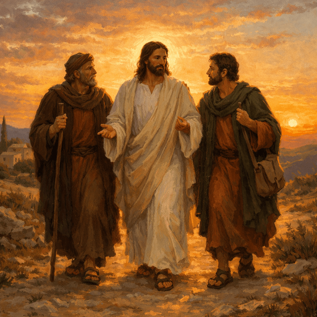 Jesus in white robe walking and speaking with two men on a rocky path at sunset