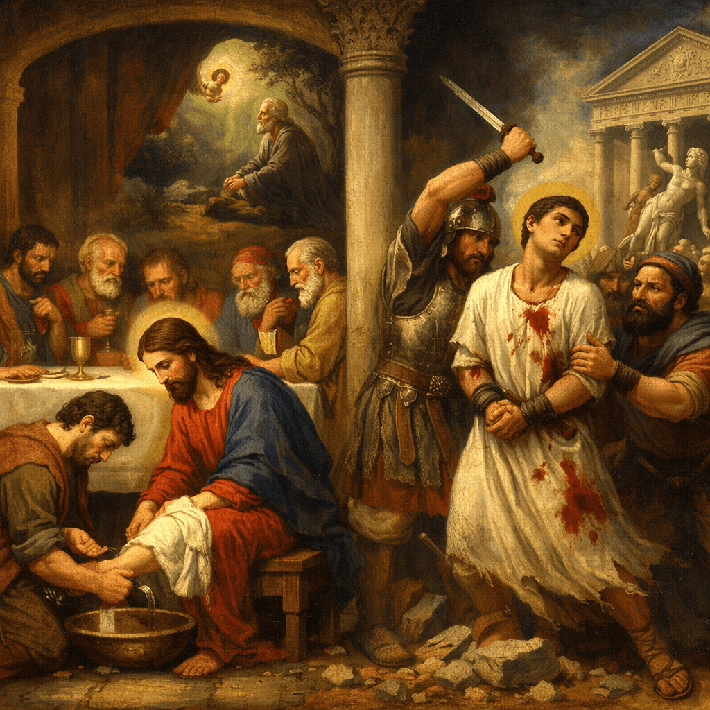 Jesus washing a disciple's feet and a bleeding man restrained by soldiers, about to be executed with a sword