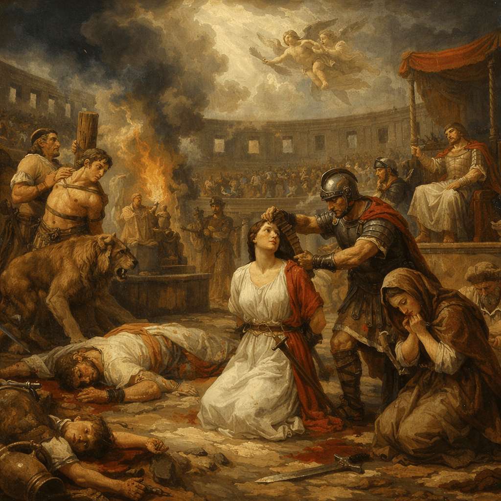 A woman kneeling with hands bound in an ancient arena, surrounded by soldiers, a wounded man on the ground, and a lion approaching.