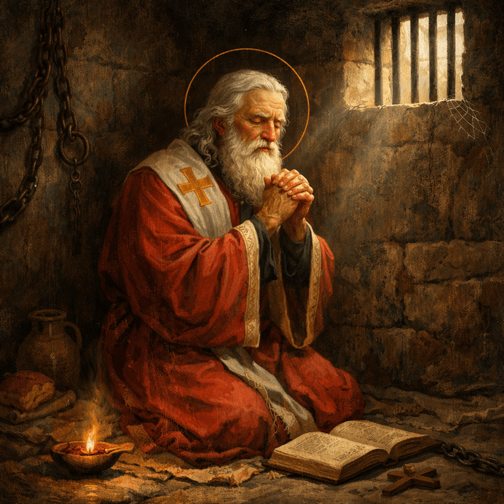 Elderly saint in red robes kneeling and praying in a stone prison cell with an open book and lit oil lamp