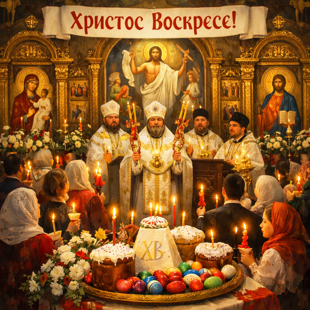 Orthodox priests conducting an Easter service surrounded by people holding candles and Easter bread with colored eggs