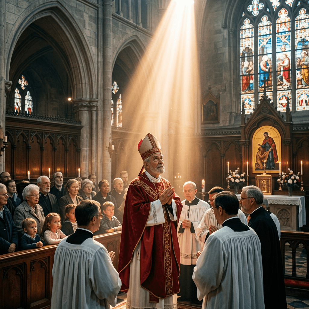 Bishop in red robes praying with clergy and congregation inside church