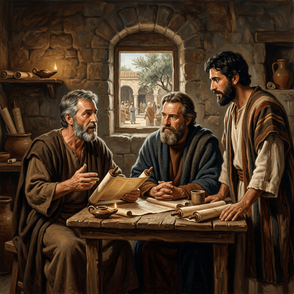 Three men in ancient attire discussing and reading scrolls around a wooden table inside a stone room with a window showing people outside.