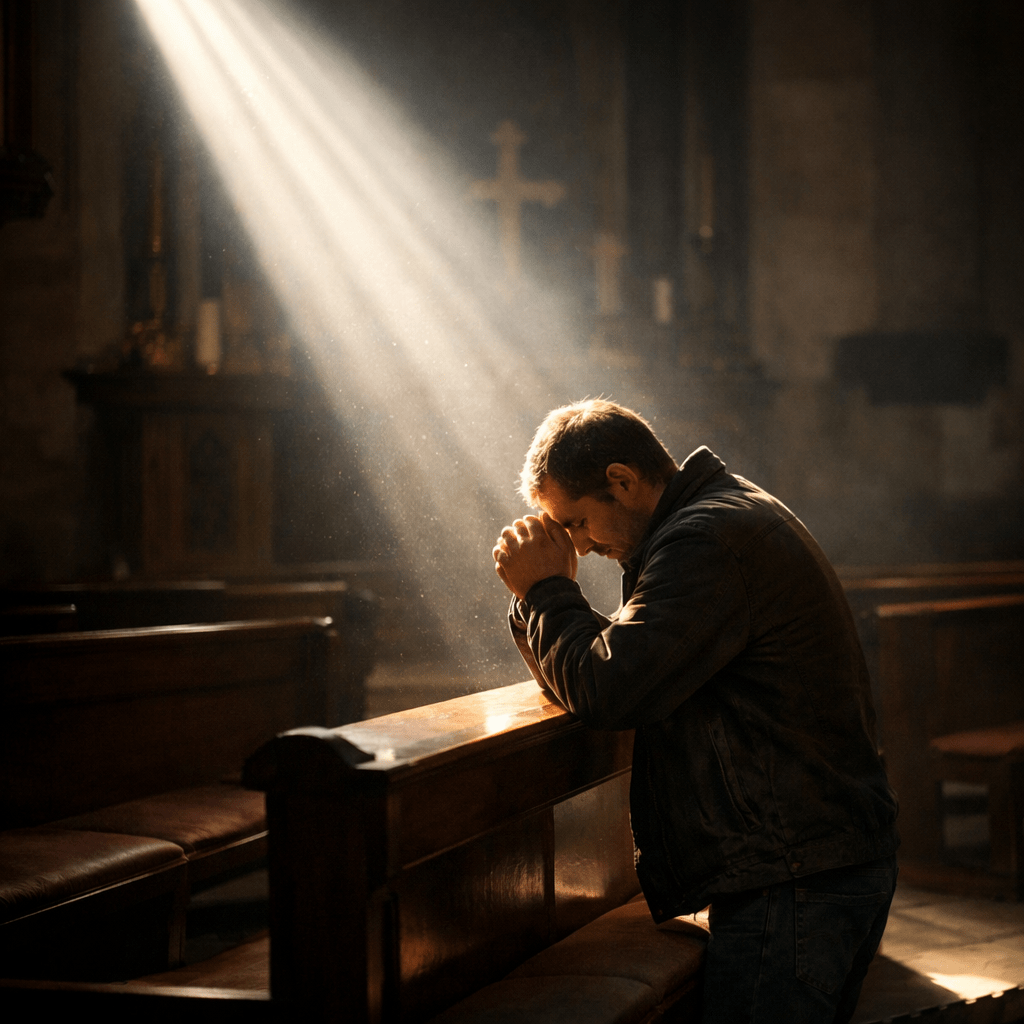 Man kneeling and praying at a church pew with sunlight beams