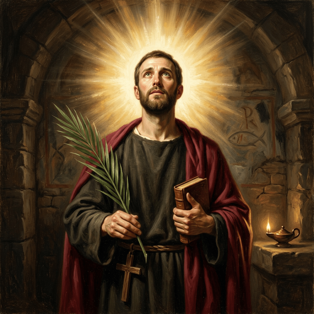 Saint wearing dark robe and red cloak holding a wooden cross and palm branch inside a stone chamber with radiant halo light