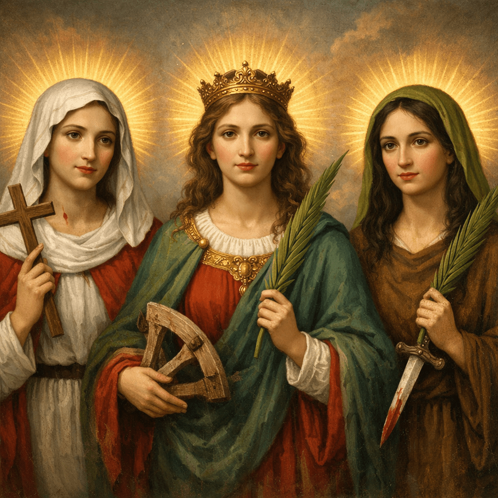 Three female saints with halos holding a cross, a palm leaf, a wheel, and a blood-stained dagger