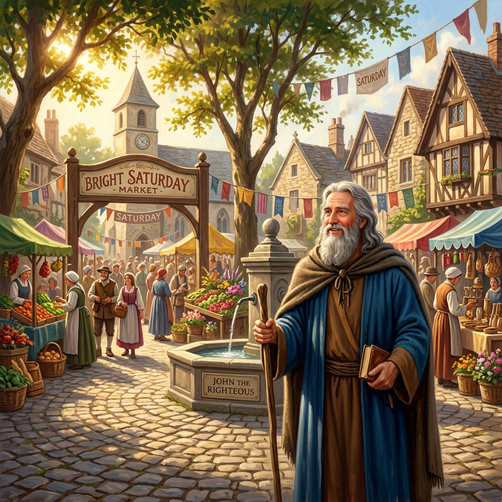 Elderly man John the Righteous with a walking stick and book near a fountain in a busy village market on Saturday