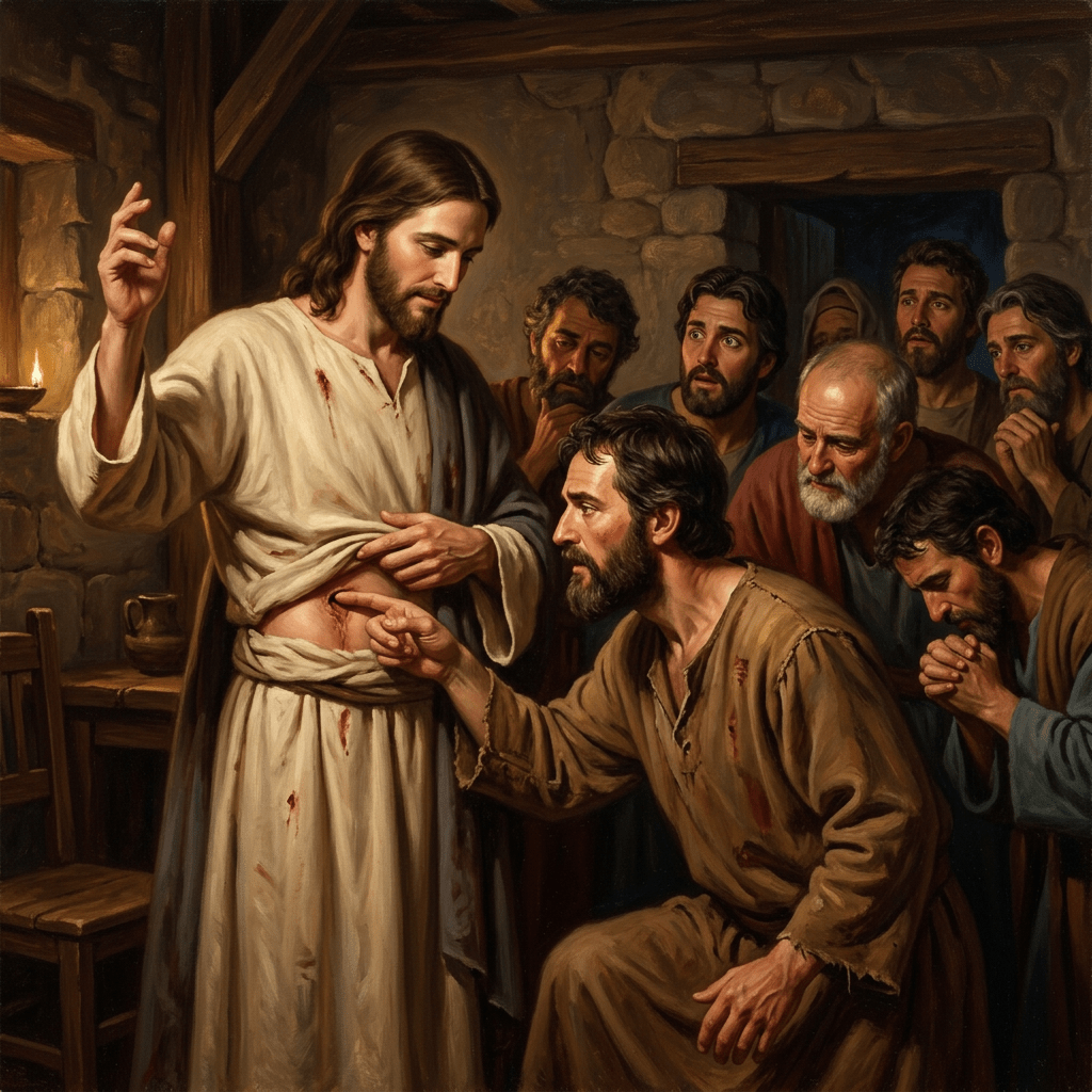 Jesus showing his wounded side to Thomas who is touching the wound while other disciples watch.