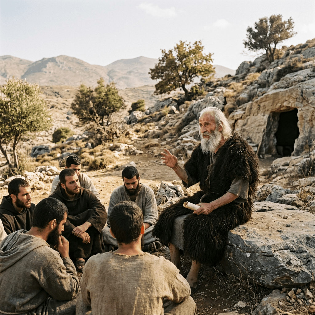 Elderly bearded man in fur cloak teaching seated young men in simple robes on rocky terrain