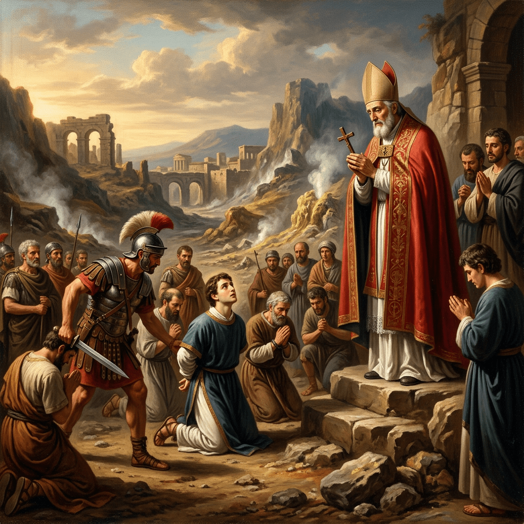 Bishop in red robes holding a cross blessing a kneeling man guarded by a soldier with a sword, surrounded by praying men.