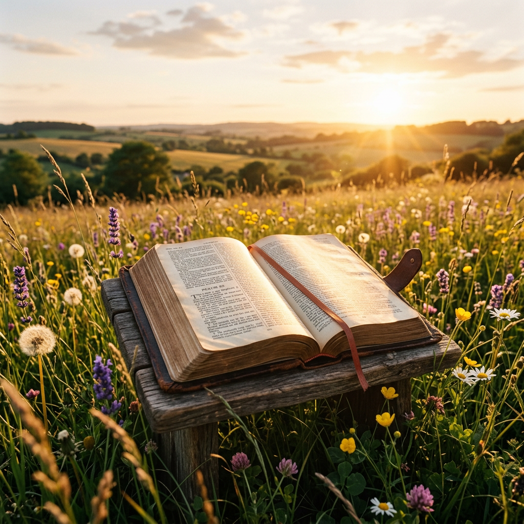 Open Bible lying on a wooden stool in a colorful wildflower meadow with the sun setting in the background