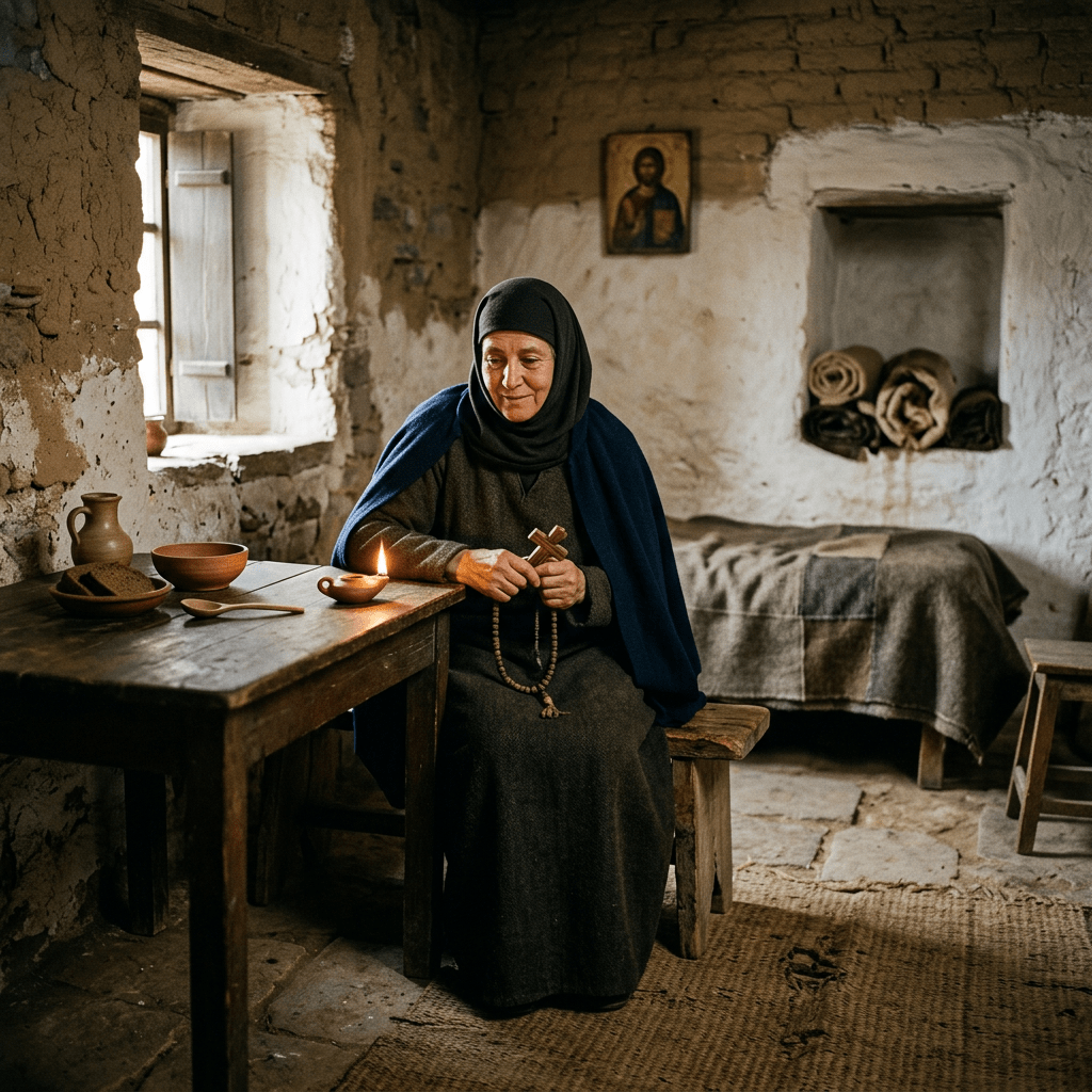 Nun holding a wooden cross and praying with rosary beads in a rustic room.