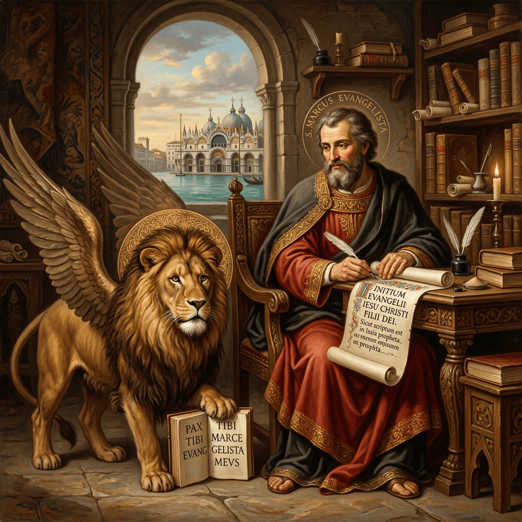 Saint Mark writing with a winged lion holding a book