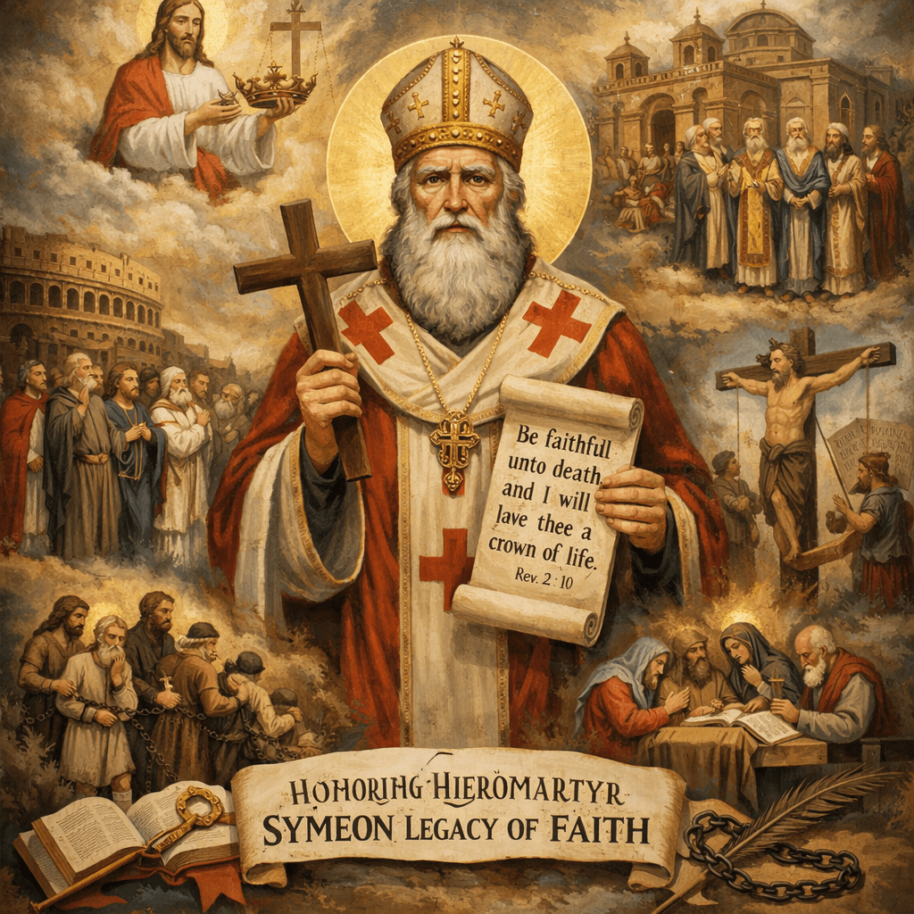 Hieromartyr Symeon holding a cross and scroll with Bible verse surrounded by religious and historical scenes