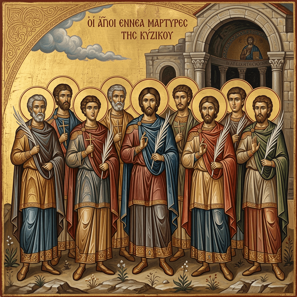 Nine saints with halos holding crosses and palm branches in front of a stone building with a mosaic of Christ