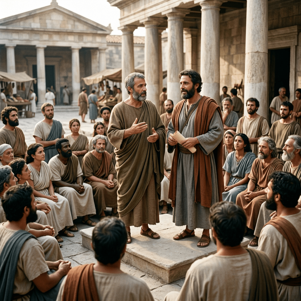 Two men debating in an ancient courtyard surrounded by a diverse group of attentive people.