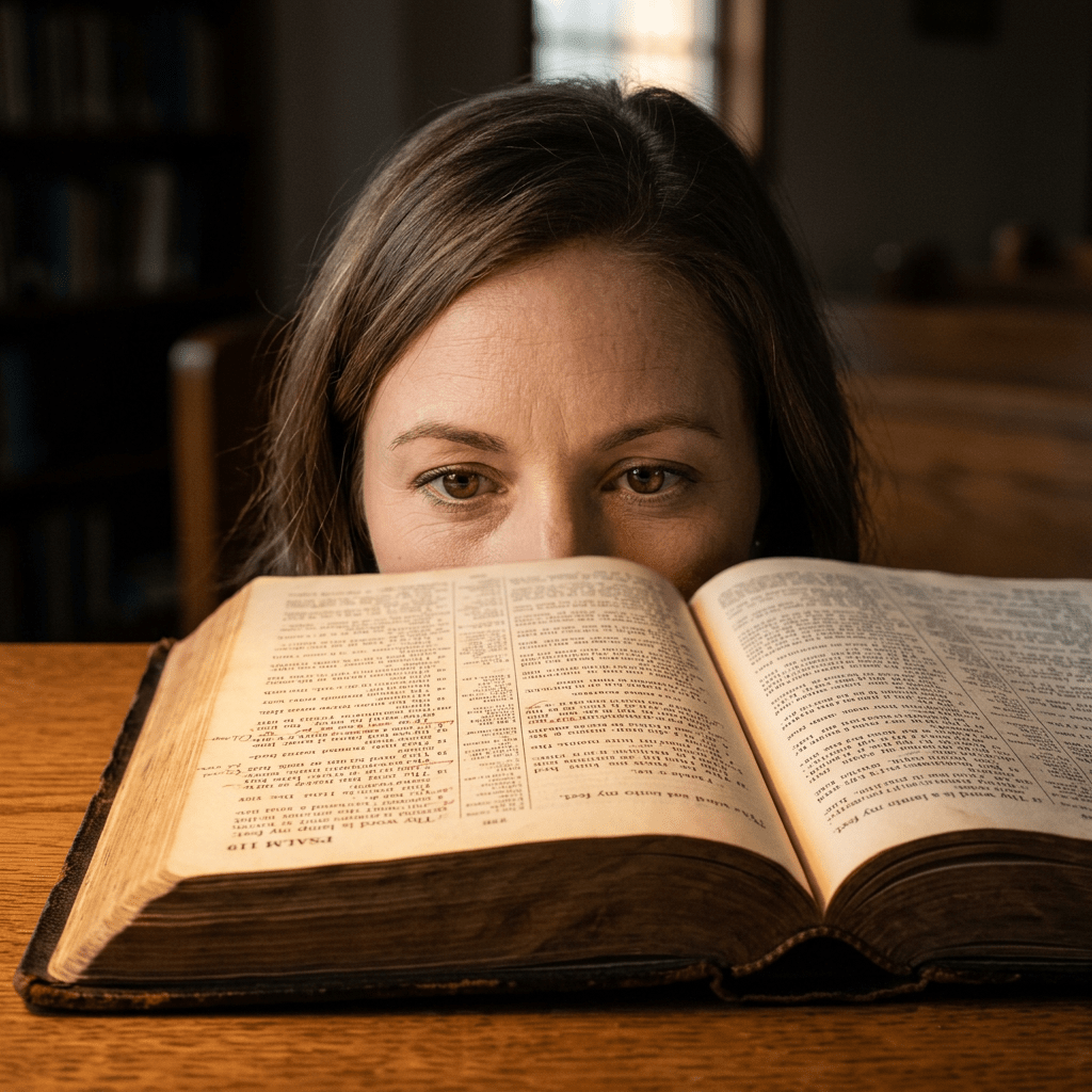 Woman reading a large open book on a wooden table indoors