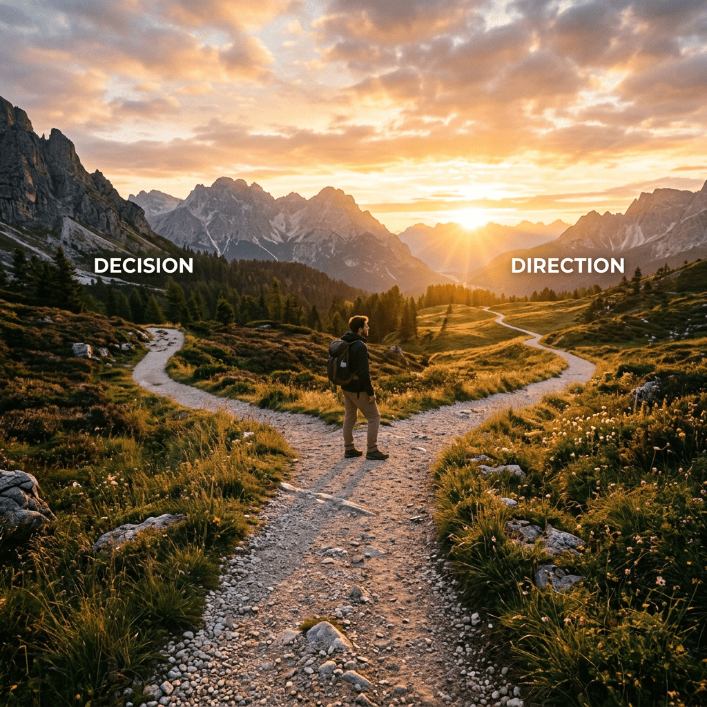 Hiker standing at a fork in a mountainous trail with text decision on left path and direction on right path