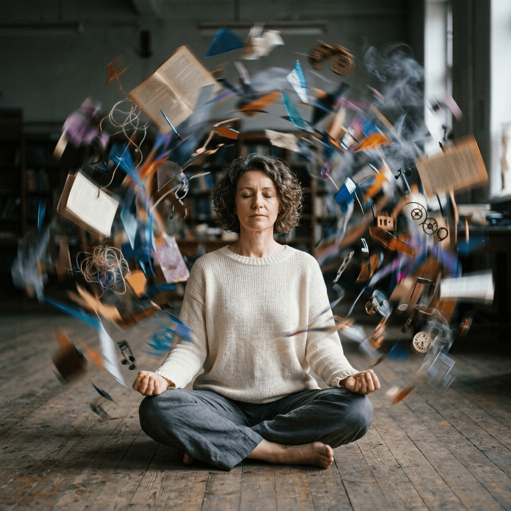 Woman sitting cross-legged meditating with swirling books and objects