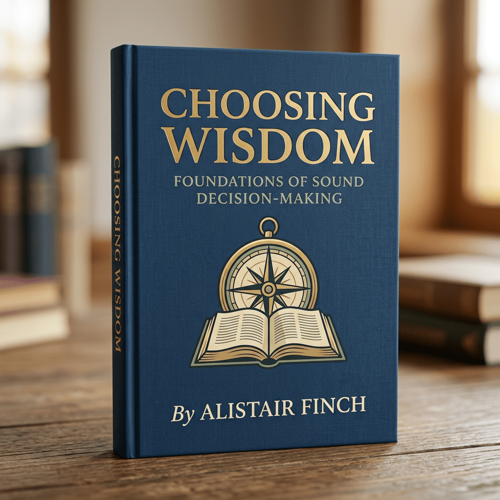 Blue hardcover book titled Choosing Wisdom Foundations of Sound Decision-Making by Alistair Finch with compass and open book illustration