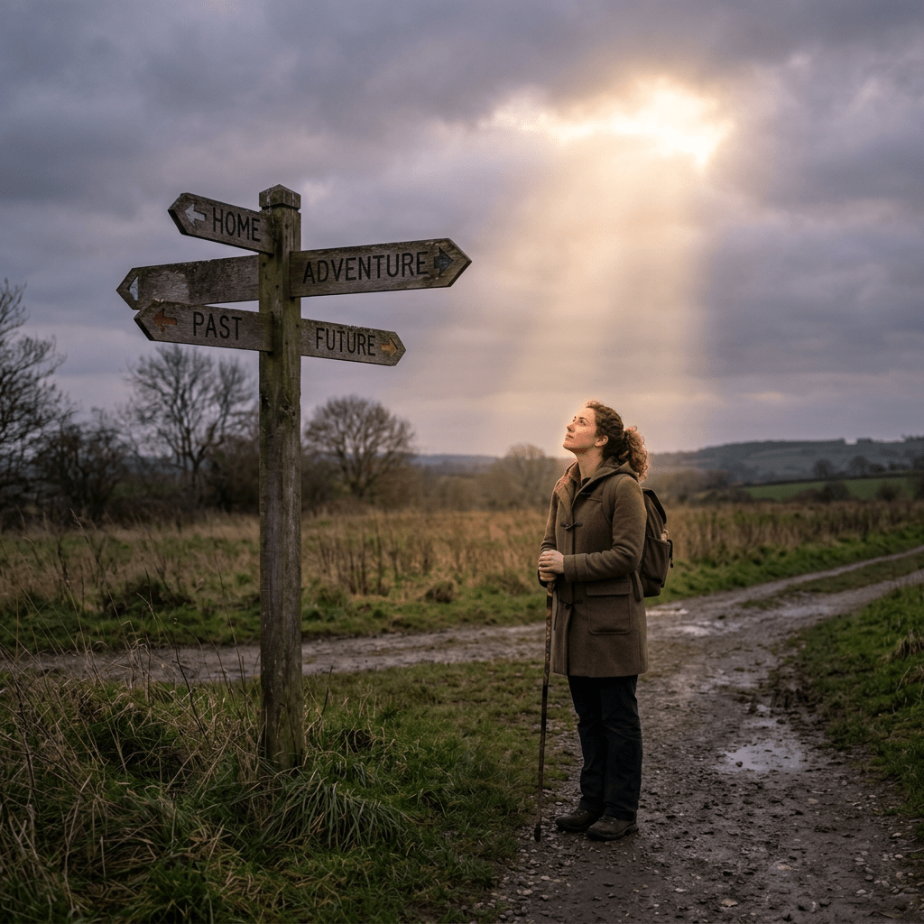 A woman standing at a crossroads near signposts labeled Home, Past, Adventure, and Future.