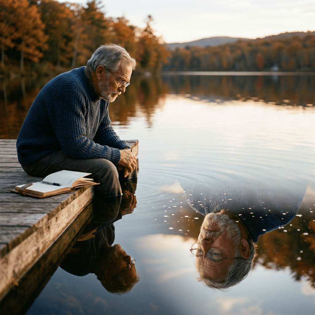 Elderly man with glasses sitting on wooden dock looking at his reflection in calm lake water