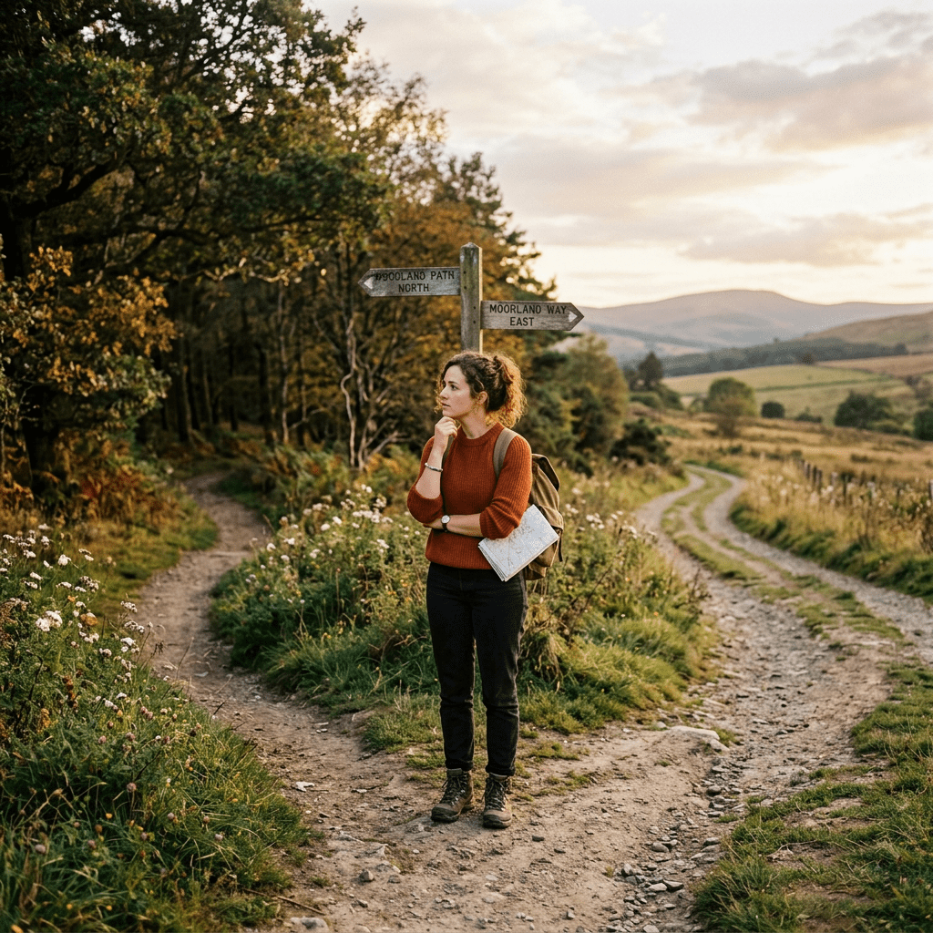 Woman with map standing at a fork in a rural hiking trail with signposts
