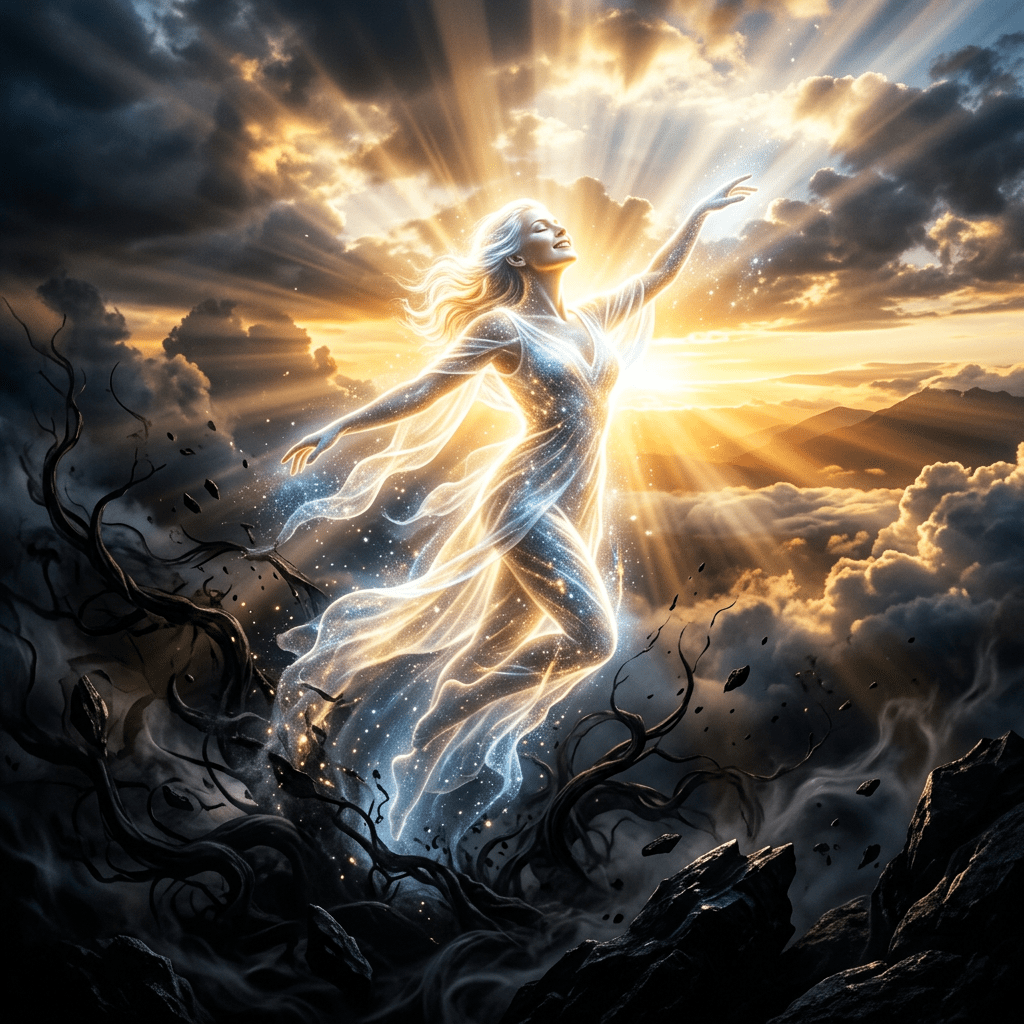 A radiant glowing woman rising with arms outstretched amidst dark terrain and bright sunlight