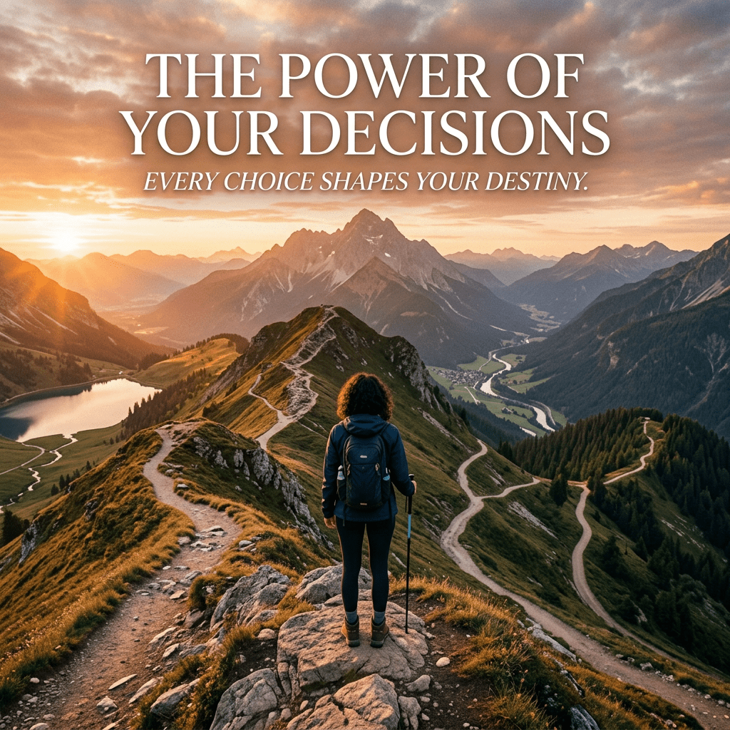 Hiker standing on a mountain ridge overlooking multiple winding paths and valleys at sunset