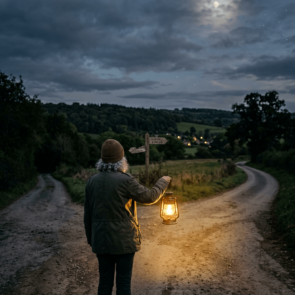 Person holding lantern standing at fork in dirt road near signpost at night