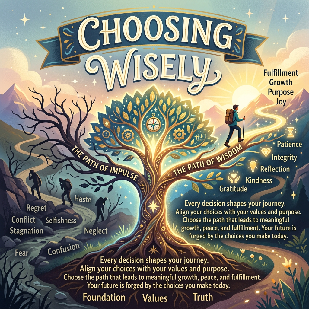 A person standing at a forked path beneath a large ornate tree symbolizing the choice between impulse and wisdom with associated words on each path
