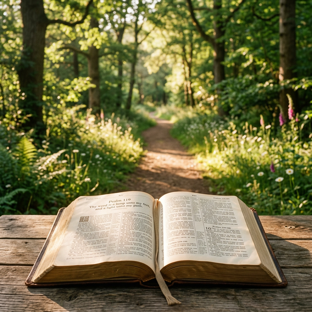 Open Bible showing Psalm 119 on a rustic wooden table outdoors with forest and sunlight