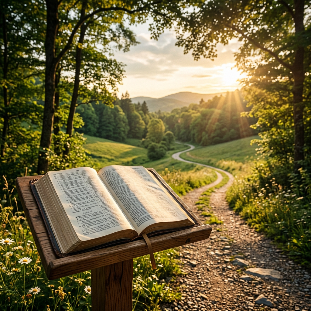 Open Bible on wooden stand with winding path and sunset in background
