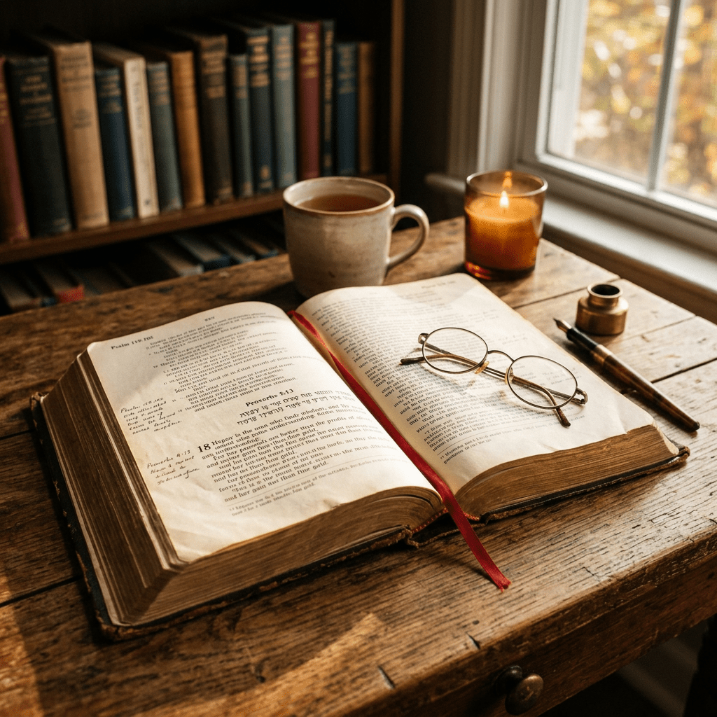 Open vintage book with reading glasses, lit candle, cup of tea, and fountain pen on wooden desk