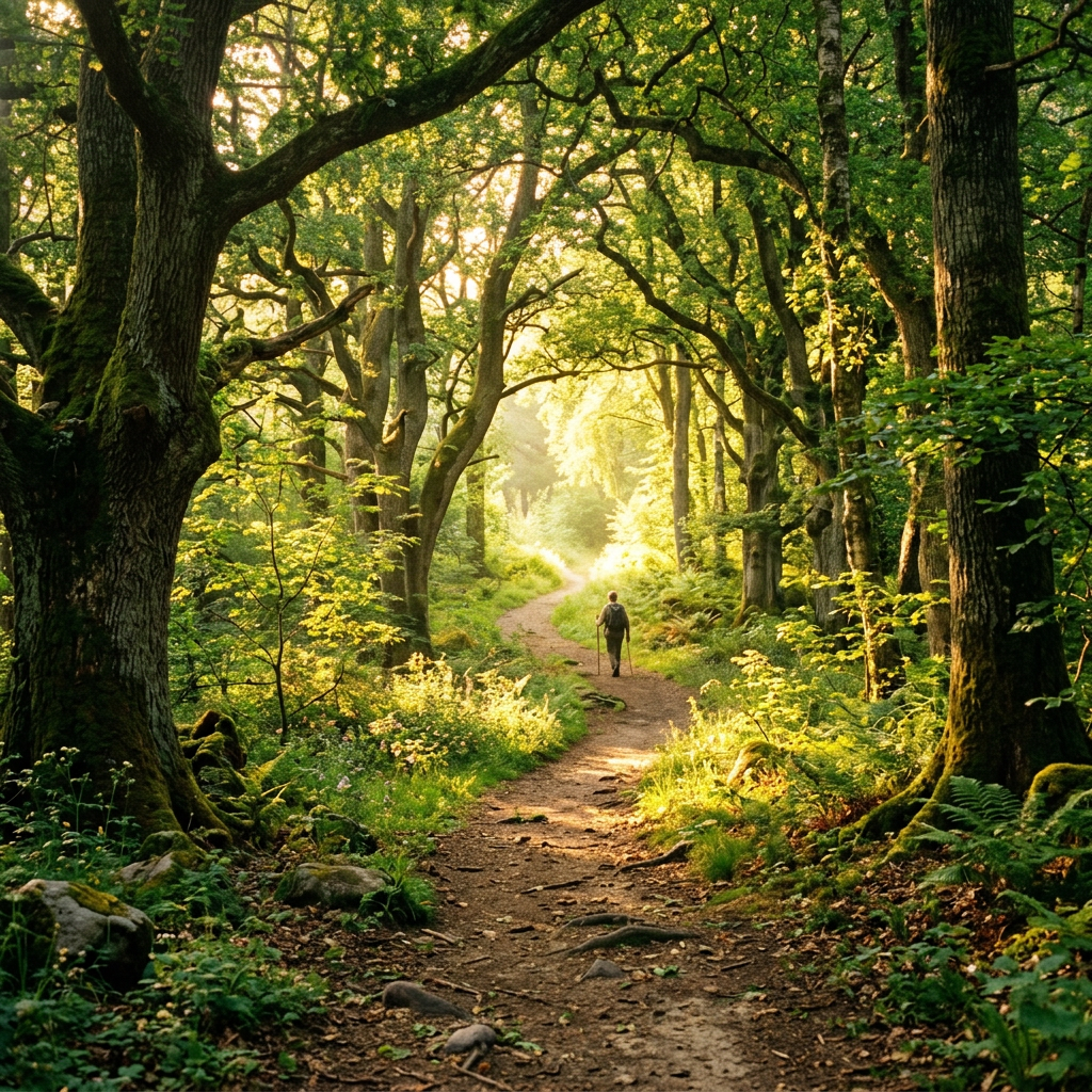 Person walking on a forest path through tall trees with sunlight filtering through leaves