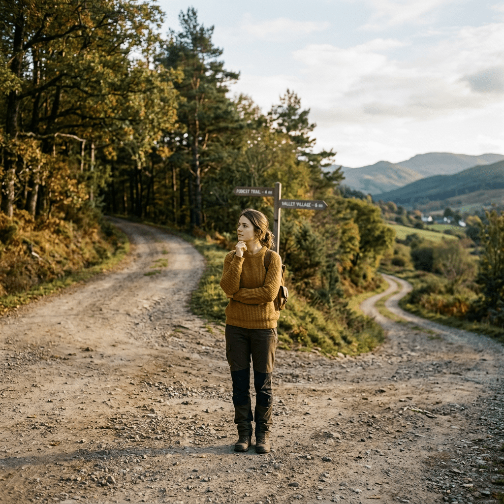 Woman in outdoors standing at a fork in dirt trail with signpost showing directions
