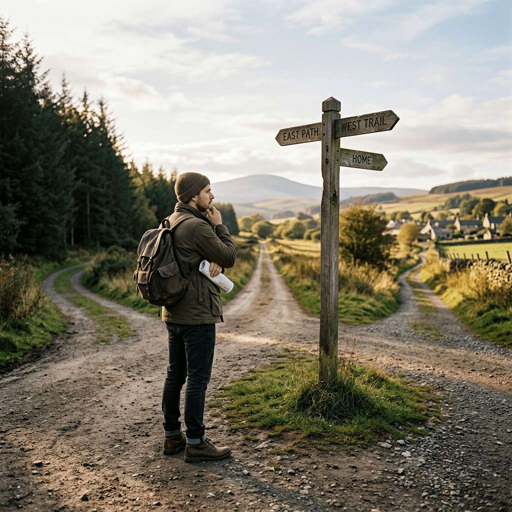 Man with map standing at a trail signpost pointing to East Path, West Trail, and Home