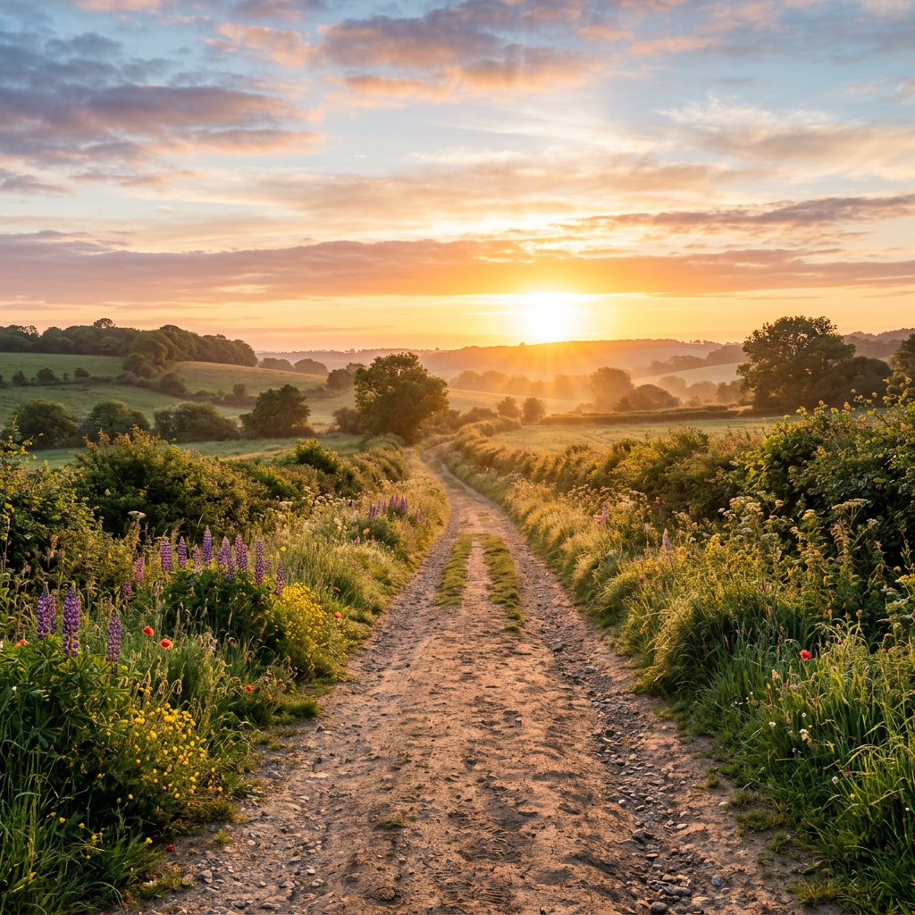 Dirt path through green fields with wildflowers under a glowing sunset sky