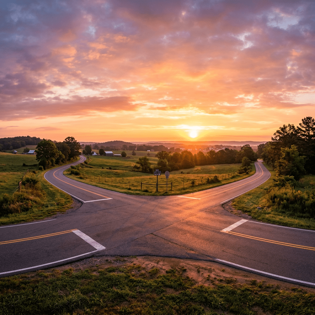 Forked rural road at sunrise with green fields and trees
