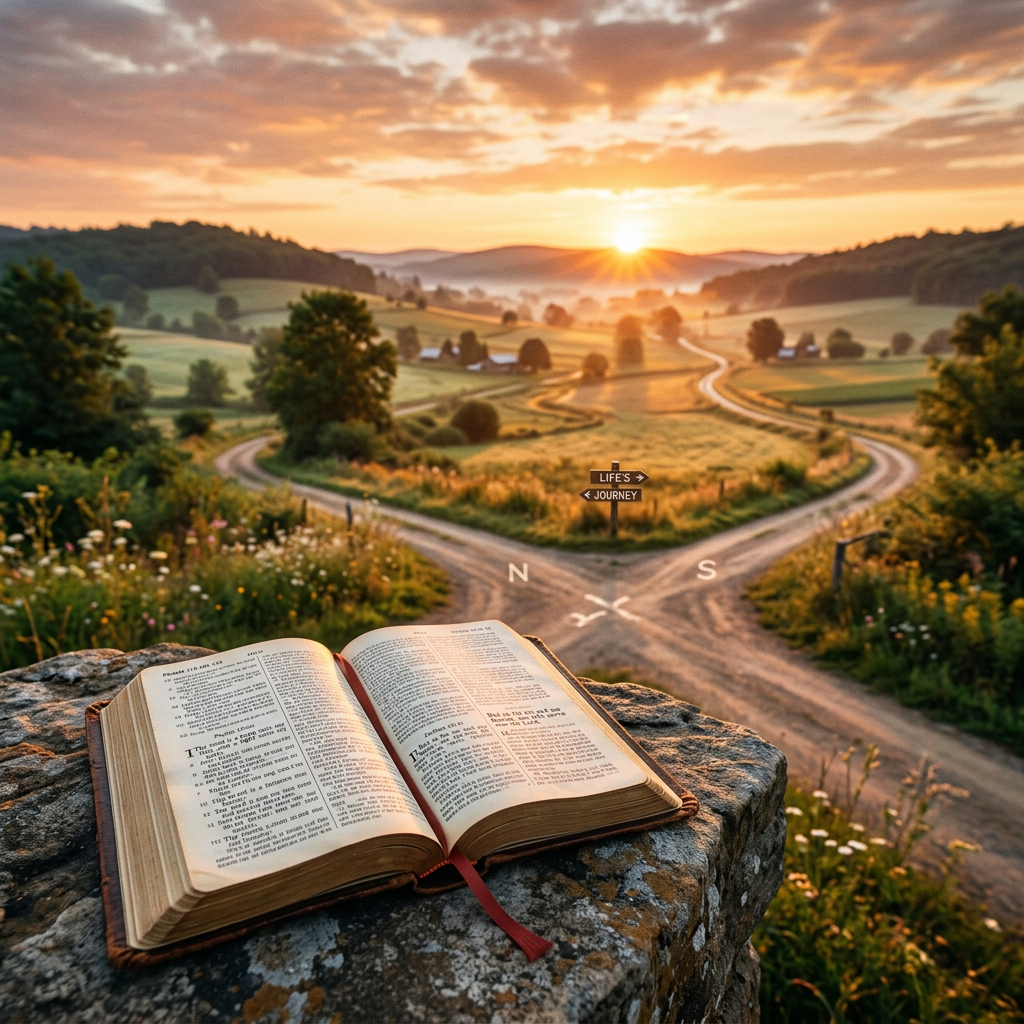 Open Bible on stone with sunrise at rural crossroads labeled life's journey