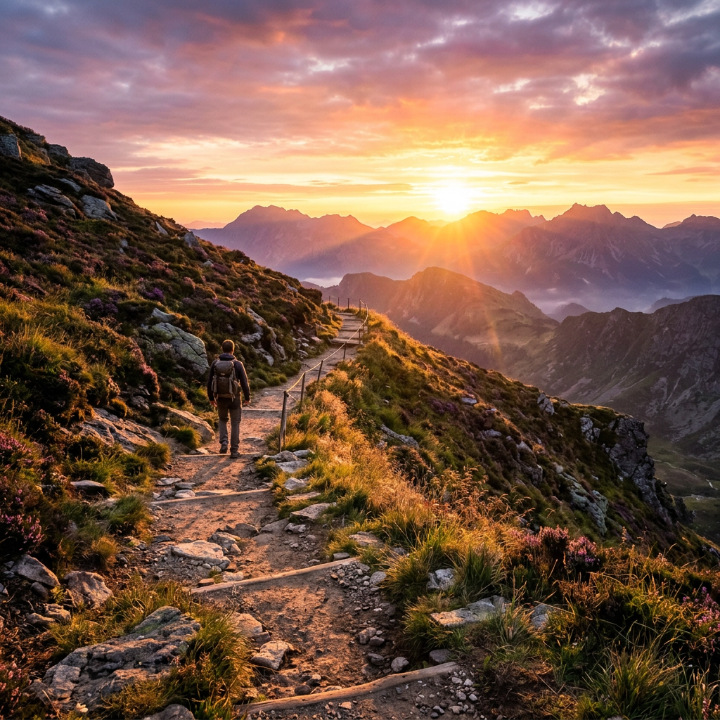 Hiker walking on rocky mountain trail at sunrise with sun and mountain range in the background