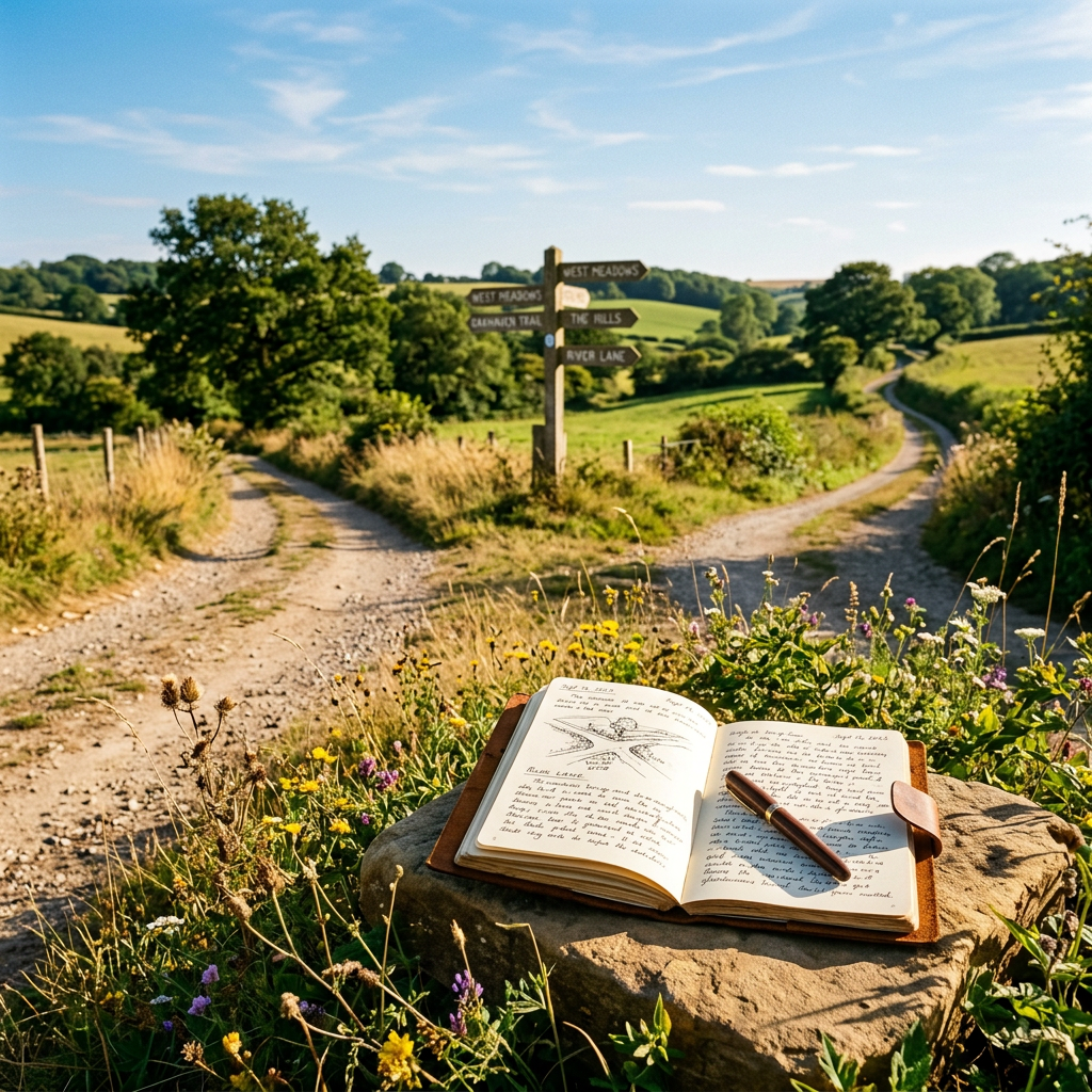 Open journal with pen on stone near a forked dirt road and wooden direction signs