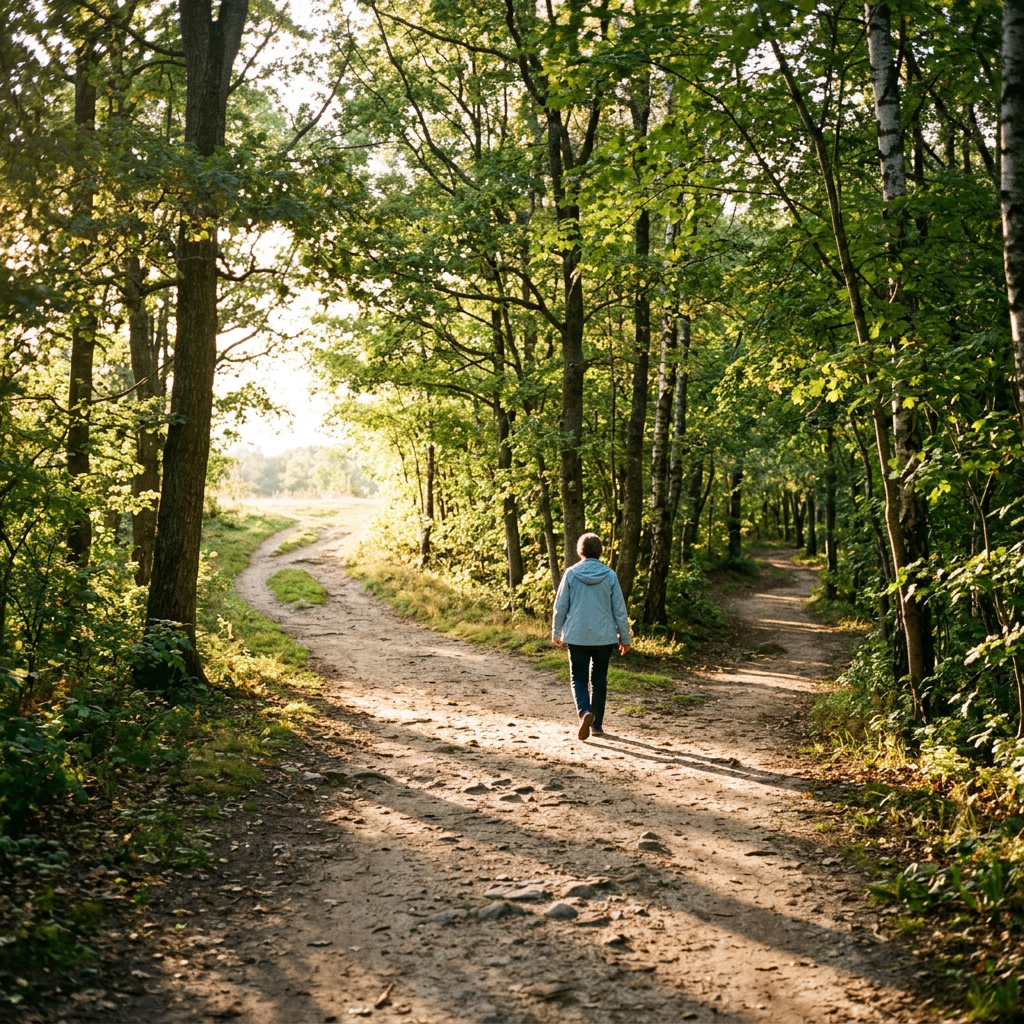 Person walking on a dirt forked path in a forest with sunlight filtering through trees