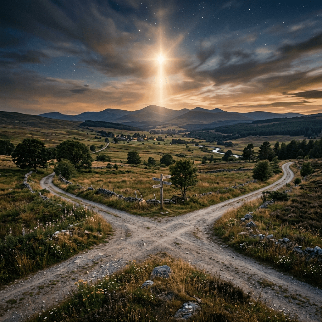 Rural dirt crossroads splitting into three paths with glowing star in sky