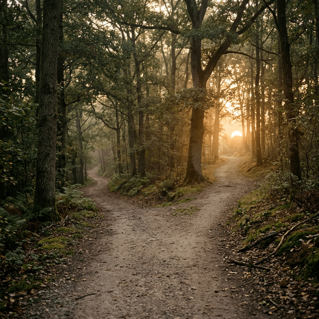 Two diverging dirt paths in a forest with sunlight filtering through trees at sunset