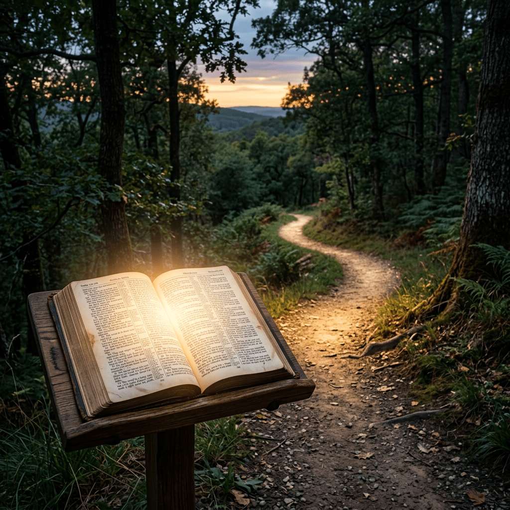 Open Bible on wooden stand with glowing pages beside a winding forest path during sunset