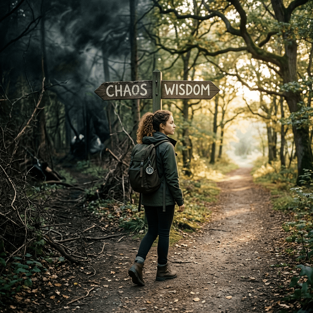Young woman with backpack faces two forest paths marked Chaos and Wisdom