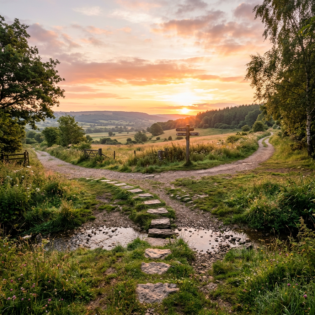 Diverging dirt paths in a lush countryside landscape at sunset