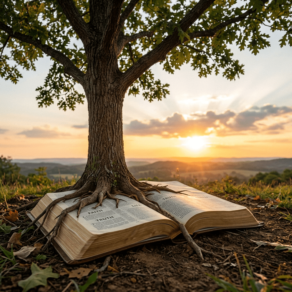Tree with roots growing into an open book showing words faith, truth, and life