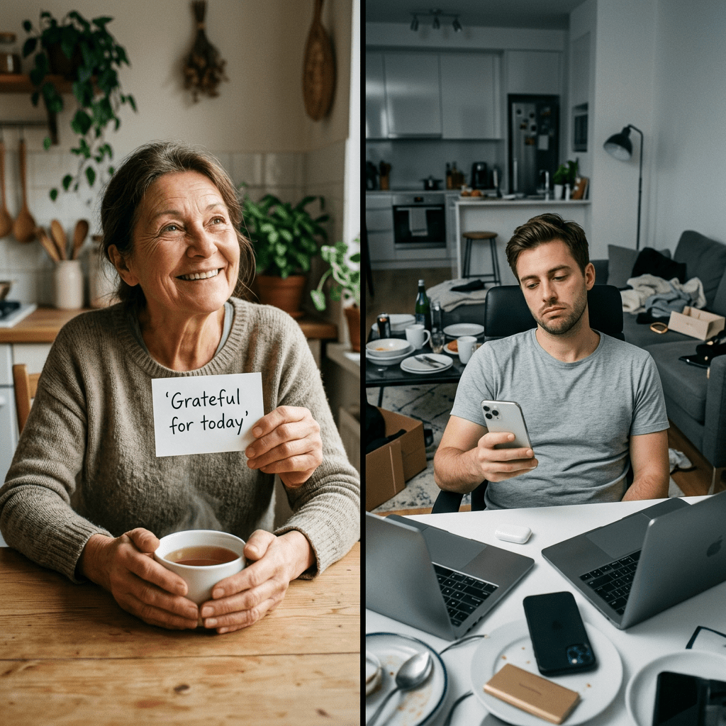Elderly woman holding a cup of tea and a note reading 'Grateful for today'; young man sitting at cluttered desk looking at phone with frustration